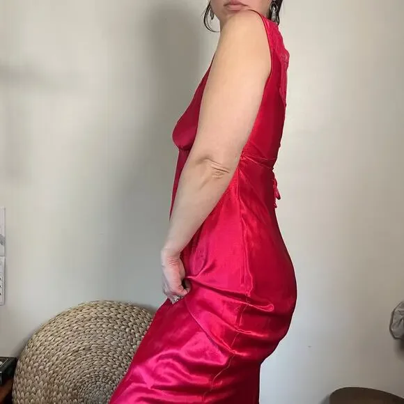 Vintage California Dynasty Red Satin Lace Lingerie Slip Dress w/ Leg Slit Sz S - Picture 4 of 10
